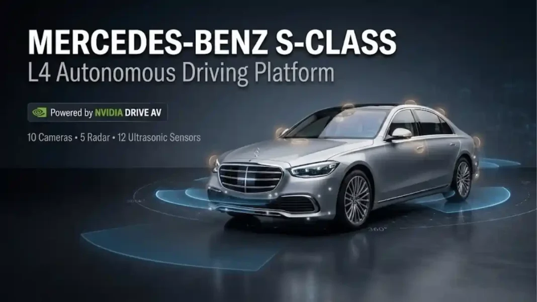 Mercedes-Benz S-Class 2026 with NVIDIA DRIVE AV autonomous driving system featuring L4-ready sensors and AI platform technology