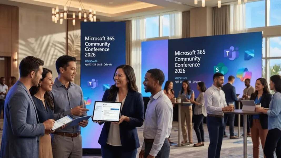Microsoft 365 Community Conference 2026 attendees networking at Orlando venue with digital collaboration tools and AI-powered workspace displays