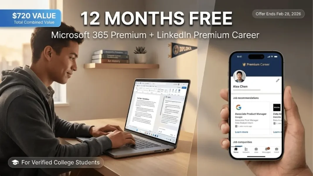 Microsoft 365 Premium interface showing Copilot AI features in Word and Excel alongside LinkedIn Premium Career dashboard for students