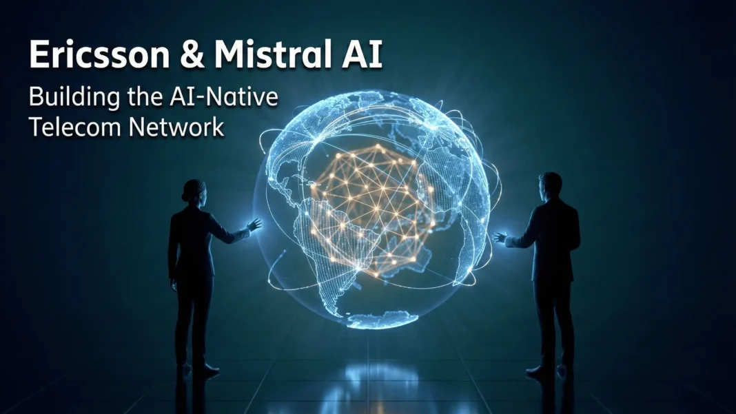 Ericsson and Mistral AI engineers collaborating on AI-driven telecom network infrastructure and 6G development in 2026