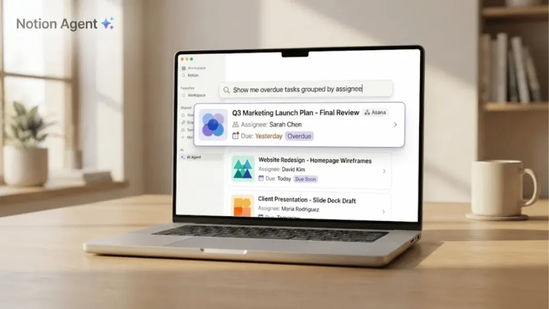 Notion Agent interface displaying AI-powered search results for Asana tasks and projects with natural language query in 2026