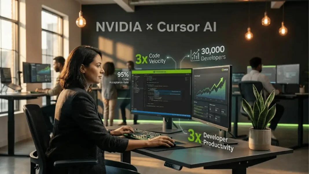 NVIDIA software engineers using Cursor AI coding assistant displaying automated code generation and debugging workflows in 2026
