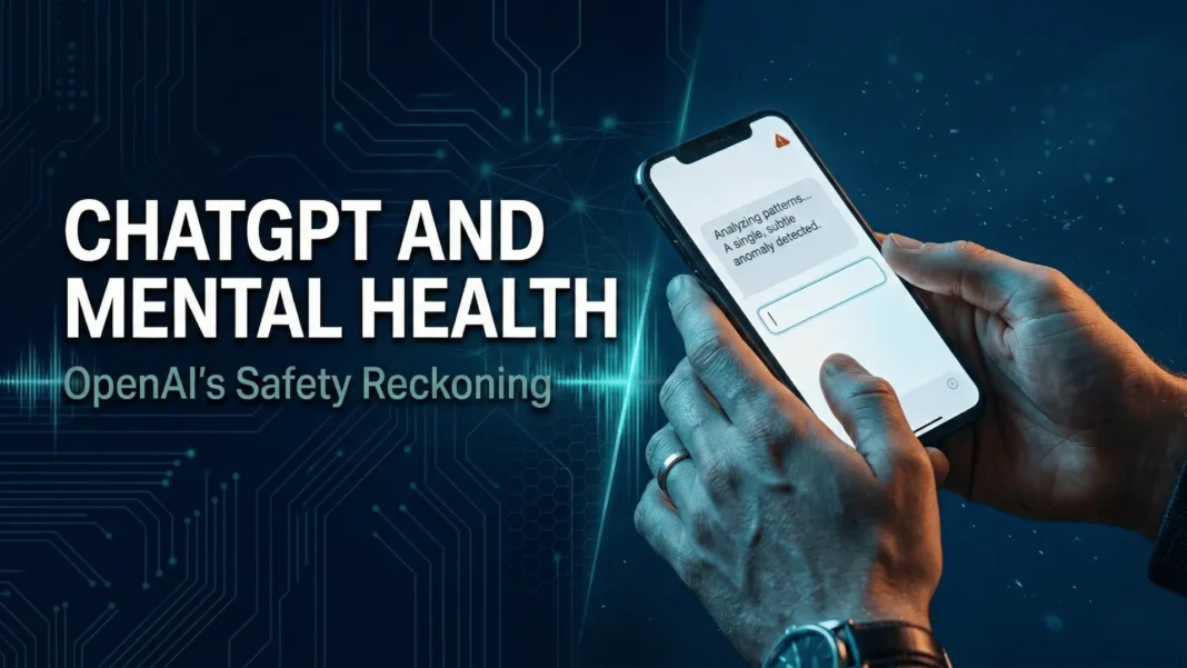 Person using ChatGPT on a smartphone showing a mental health conversation with a safety alert notification in 2026