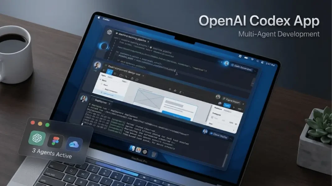 OpenAI Codex app interface on macOS showing multiple AI coding agents working in parallel threads with project management dashboard