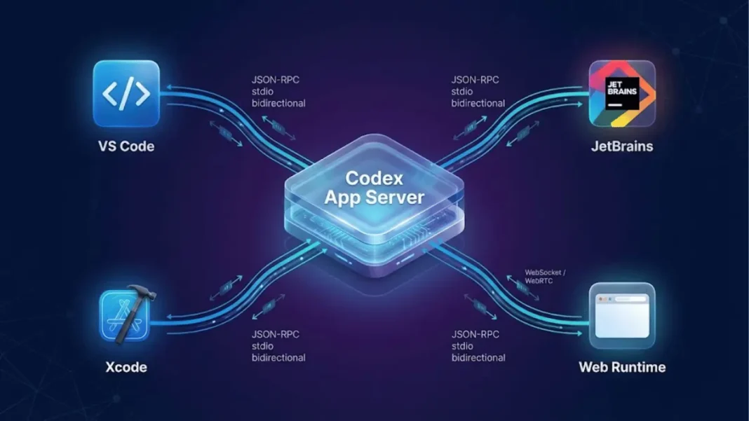 OpenAI Codex App Server architecture diagram showing JSON-RPC protocol connecting VS Code, JetBrains, and Xcode to Codex harness in 2026