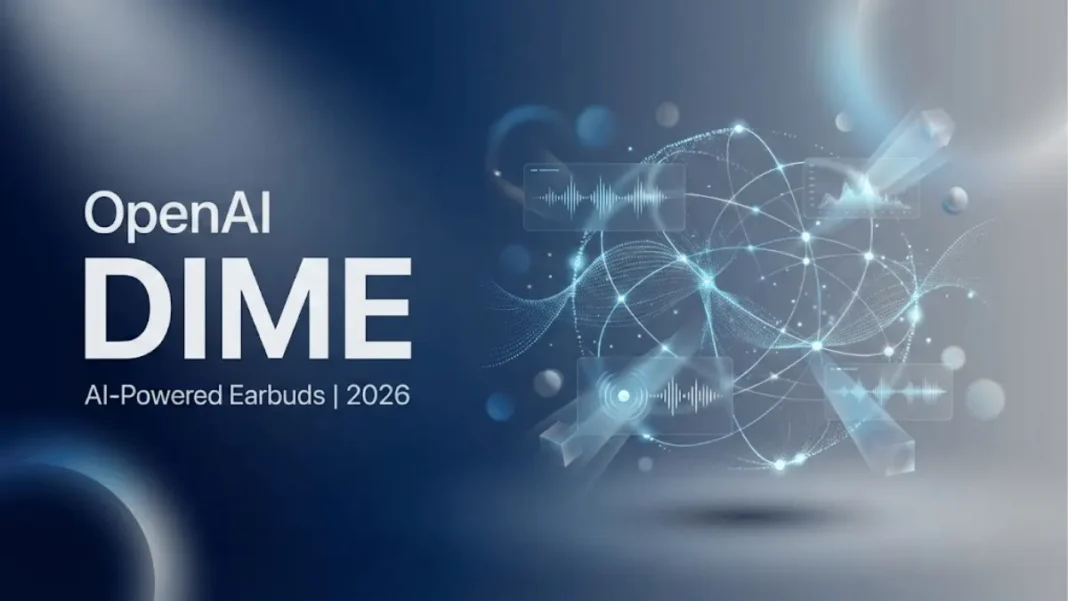 OpenAI Dime AI-powered earbuds concept showing voice-activated interface with ChatGPT integration designed by Jony Ive in 2026