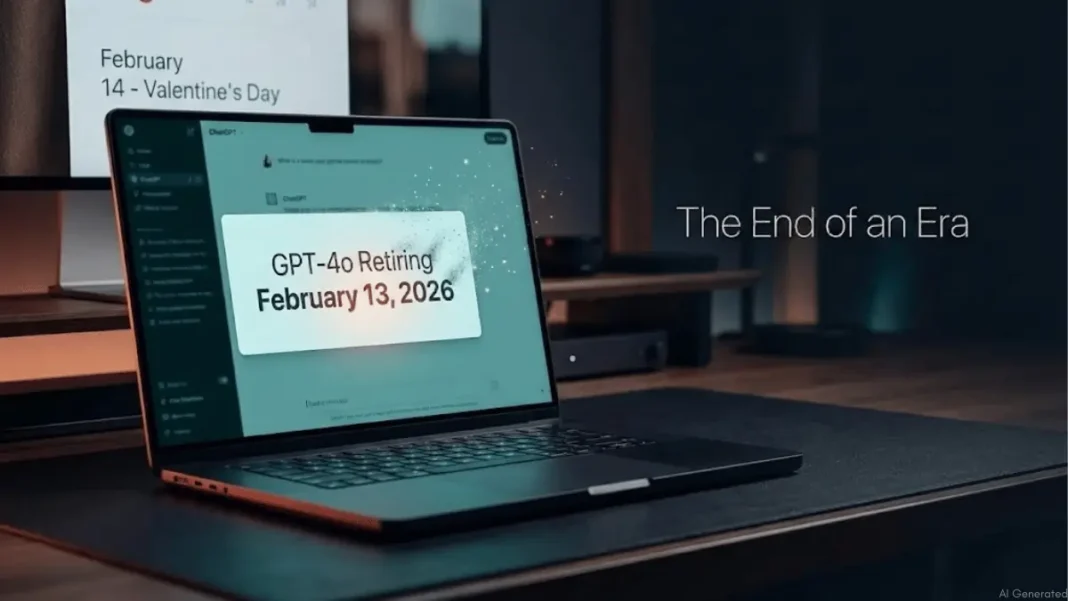 ChatGPT interface displaying GPT-4o retirement notice for February 13, 2026, one day before Valentine's Day, with dramatic studio lighting and modern typography