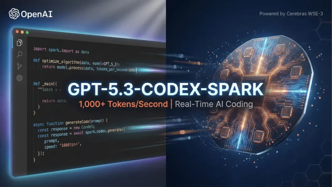 OpenAI GPT-5.3-Codex-Spark interface showing real-time code generation at 1000 tokens per second on Cerebras Wafer Scale Engine 3 in 2026