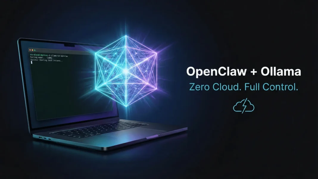 Developer terminal showing OpenClaw AI agent running locally with Ollama on dark workstation in 2026