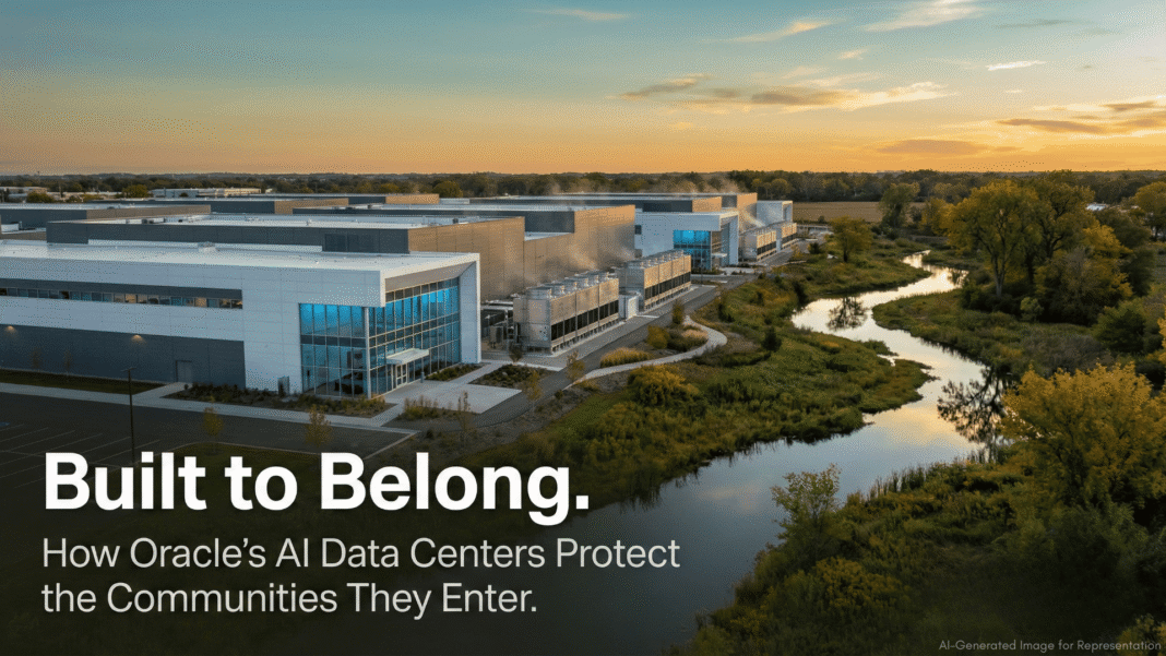 Aerial view of Oracle AI data center campus surrounded by preserved green fields, wetlands, and native tree buffers in 2026