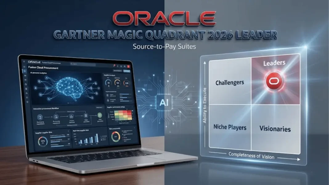 Oracle Fusion Cloud Procurement dashboard showing AI-powered source-to-pay automation and Gartner 2026 Magic Quadrant Leader recognition