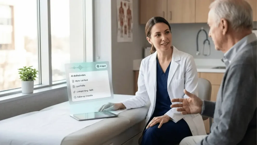 Clinician reviewing AI-drafted lab and medication orders from Oracle Health Clinical AI Agent during a patient visit in 2026