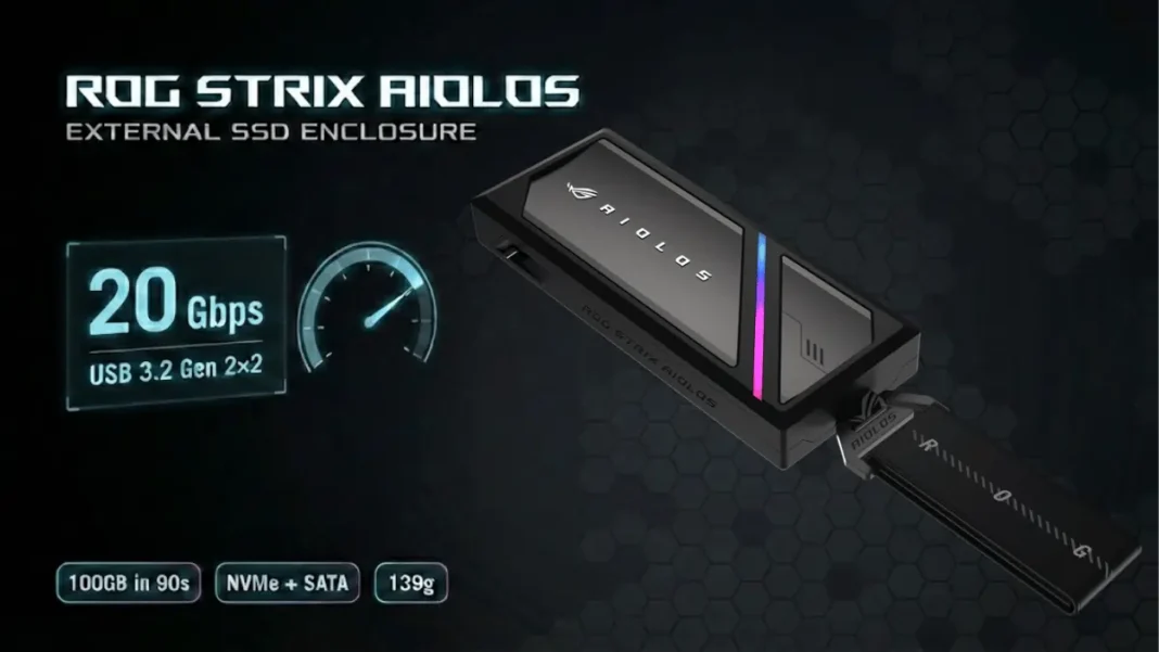 ASUS ROG Strix Aiolos external SSD enclosure featuring liquid-silicone coating, Aura RGB lighting, and USB-C 3.2 Gen 2x2 connectivity