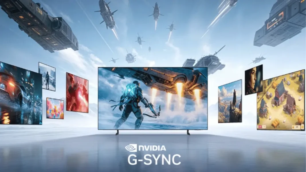 Samsung 2026 S95H OLED TV displaying NVIDIA G-SYNC compatible gaming with 165Hz refresh rate and HDR10+ Advanced technology