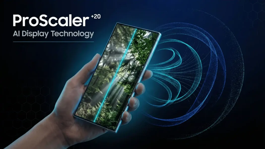 Samsung Galaxy S25 Ultra screen showing ProScaler-enhanced image with sharper visuals and improved color contrast