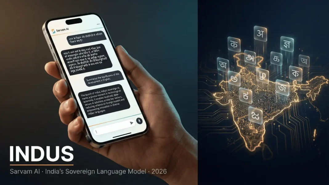 Sarvam AI Indus chat app on smartphone showing Hindi and English conversation powered by India's sovereign 105B AI model 2026