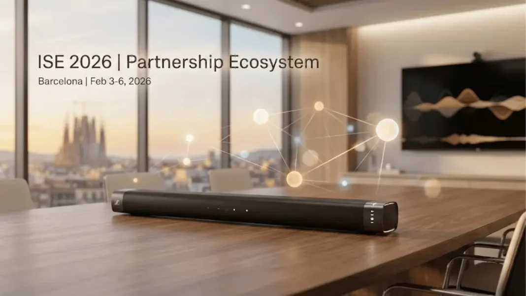 Sennheiser ISE 2026 booth showcasing TeamConnect collaboration solutions with partner ecosystem integrations in Barcelona February 2026