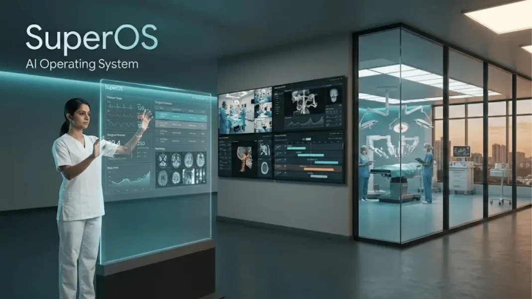 SuperOS artificial intelligence operating system dashboard managing hospital operations with real-time patient monitoring and surgical scheduling in Bengaluru 2026