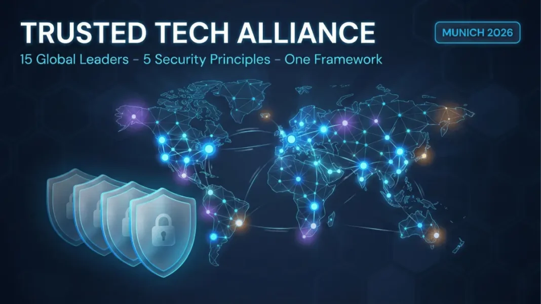 Trusted Tech Alliance announcement at Munich Security Conference 2026 featuring Nokia Microsoft Ericsson and global technology leaders