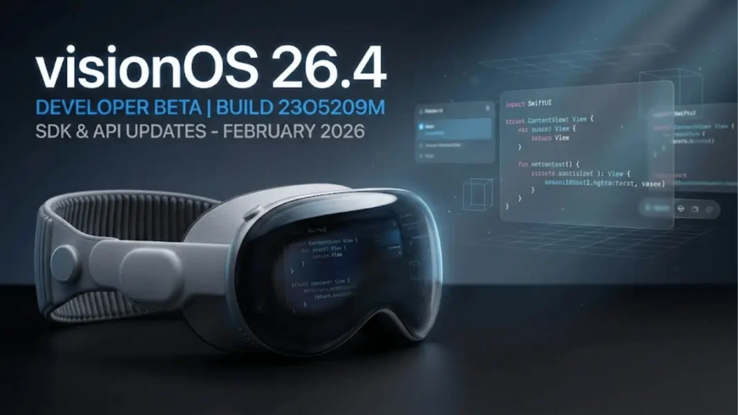 Apple Vision Pro developer working with visionOS 26.4 SDK beta release showing Xcode 26.4 interface and spatial computing APIs in February 2026