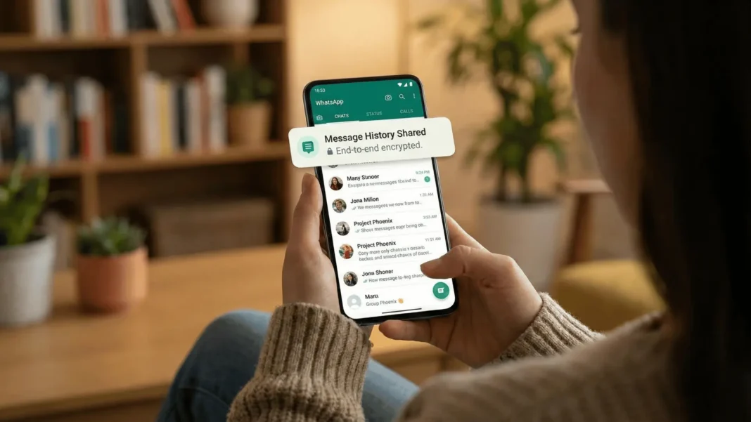 Person viewing WhatsApp Group Message History notification on smartphone showing encrypted shared chat context in 2026
