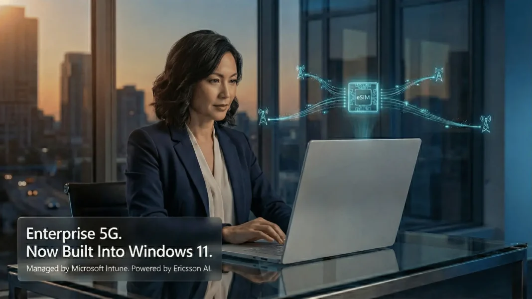 IT professional working remotely on a 5G-connected laptop managed through Windows 11 Microsoft Intune and Ericsson Enterprise 5G Connect in 2026