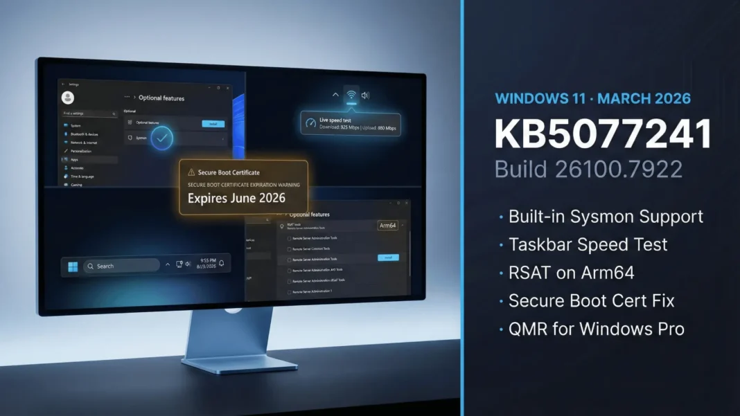 Windows 11 KB5077241 Build 26100.7922 March 2026 preview update showing Sysmon, Secure Boot fix, and RSAT Arm64 features