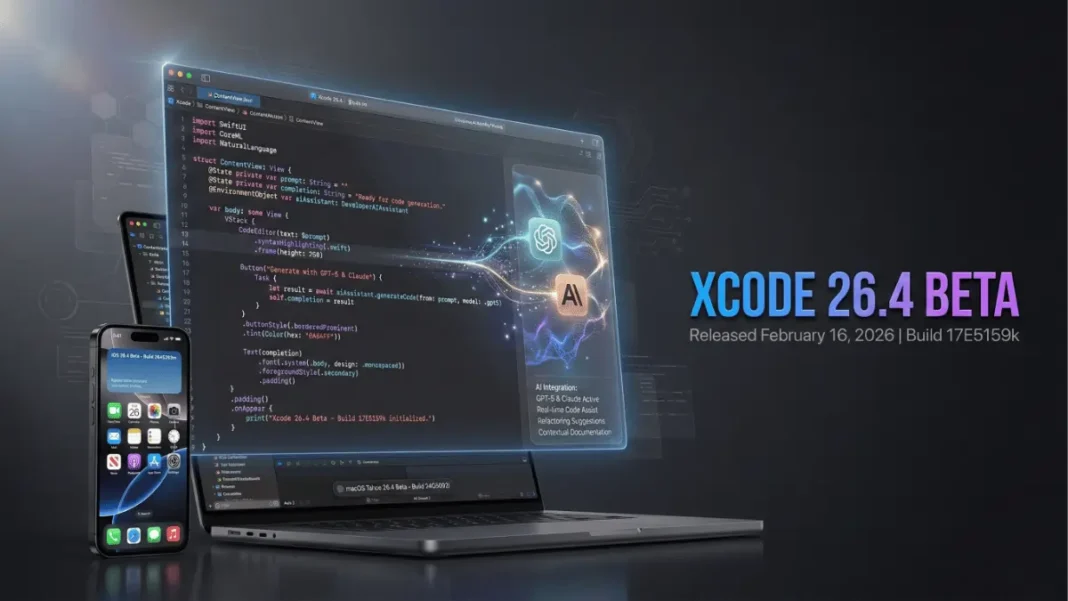 Apple Xcode 26.4 beta integrated development environment displaying AI coding assistant and iOS 26.4 SDK features in February 2026
