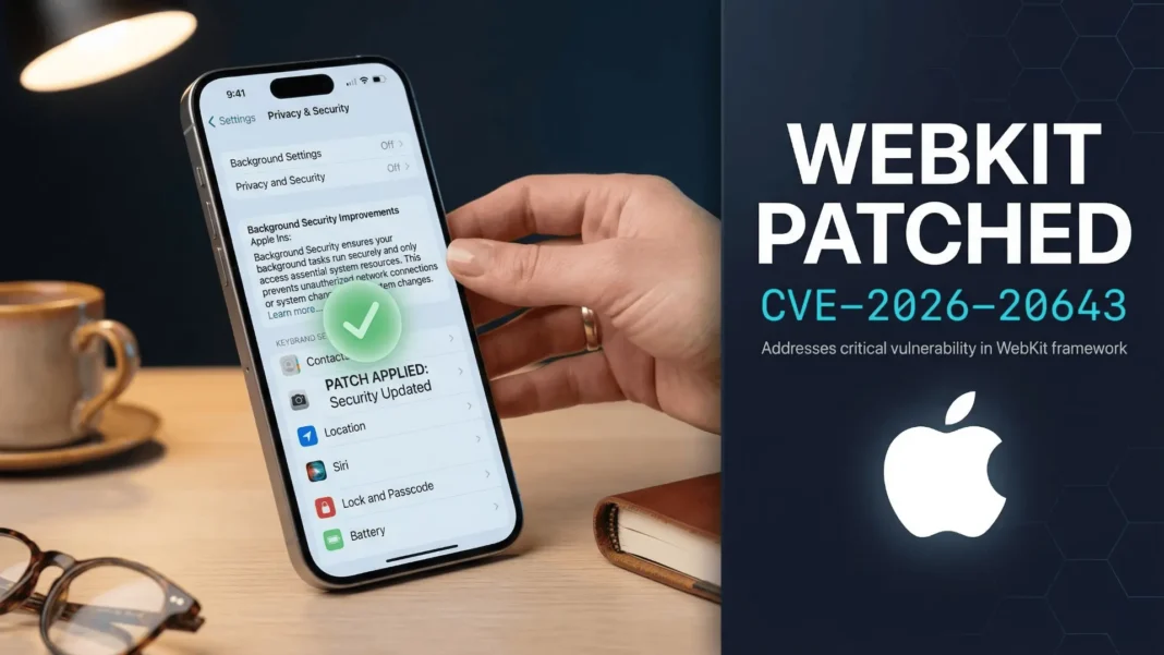 iPhone and Mac displaying Apple Privacy and Security settings menu showing Background Security Improvements update installed in 2026