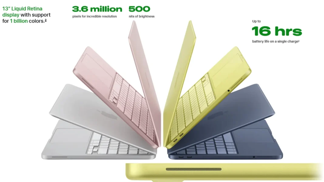Apple MacBook Neo in citrus and blush colors showing 13-inch Liquid Retina display and A18 Pro chip design in 2026