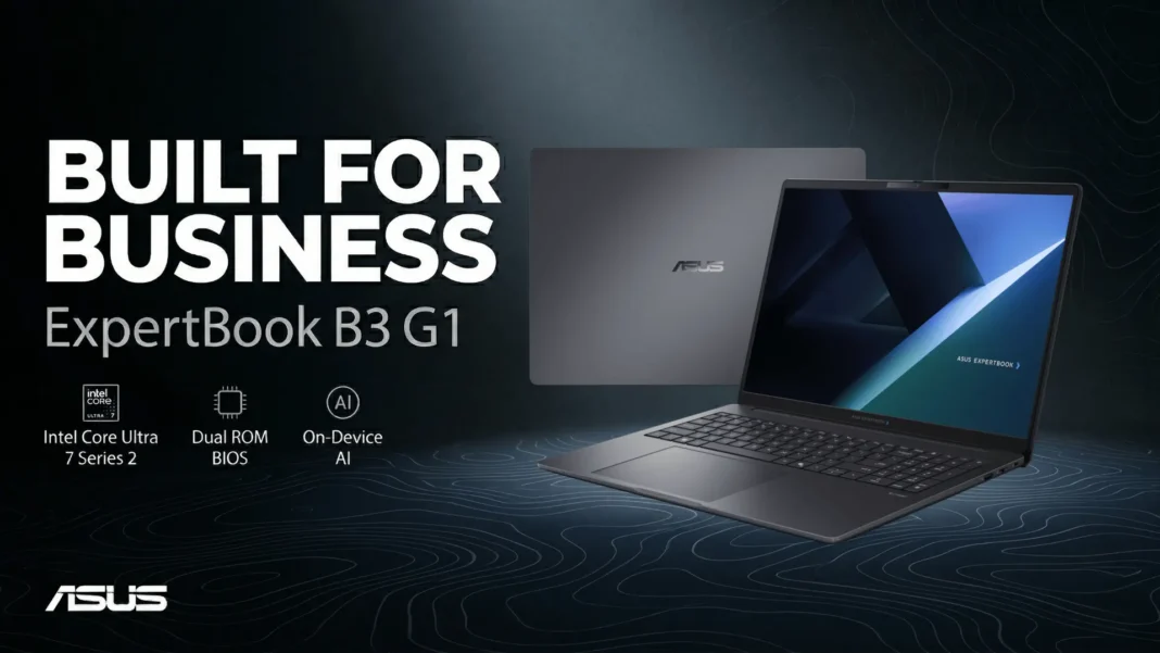 ASUS ExpertBook B3 G1 laptop open on desk showing matte-black aluminum chassis and glowing display