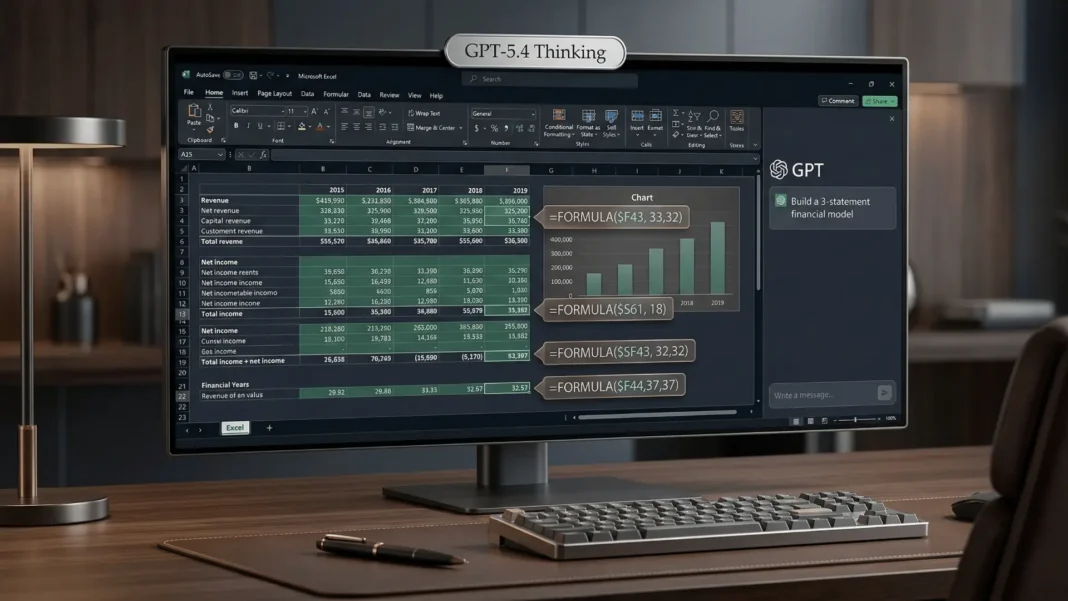 ChatGPT for Excel add-in interface showing GPT-5.4 AI building a financial model inside a Microsoft Excel workbook in 2026