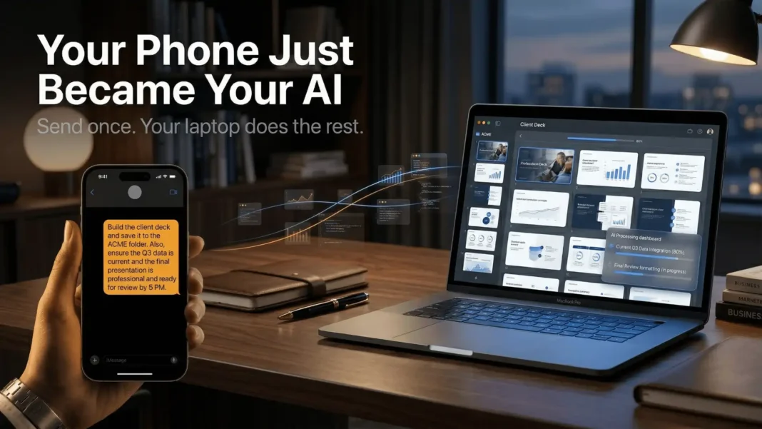 Person texting Claude AI on a smartphone while Claude Desktop completes multi-step tasks automatically on a laptop in 2026