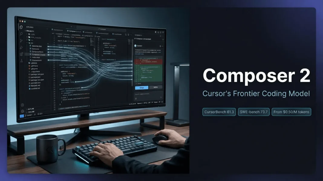 Cursor AI code editor interface showing Composer 2 model selected with an active multi-step coding task running in 2026