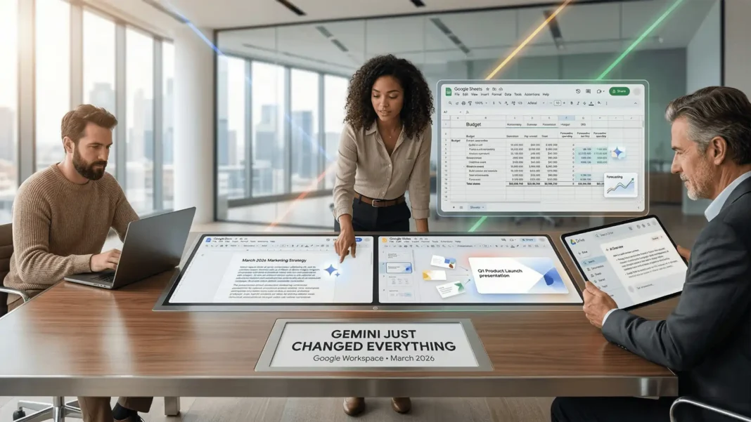 Gemini AI assistant active inside Google Docs, Sheets, Slides, and Drive showing new March 2026 features