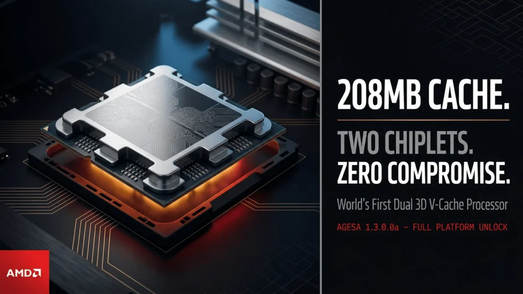 AMD Ryzen 9 9950X3D2 Dual Edition processor next to a GIGABYTE AM5 motherboard showing BIOS update screen