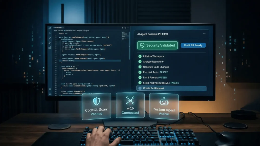 GitHub Copilot coding agent interface showing autonomous code generation, draft pull request panel, and security validation results in VS Code 2026