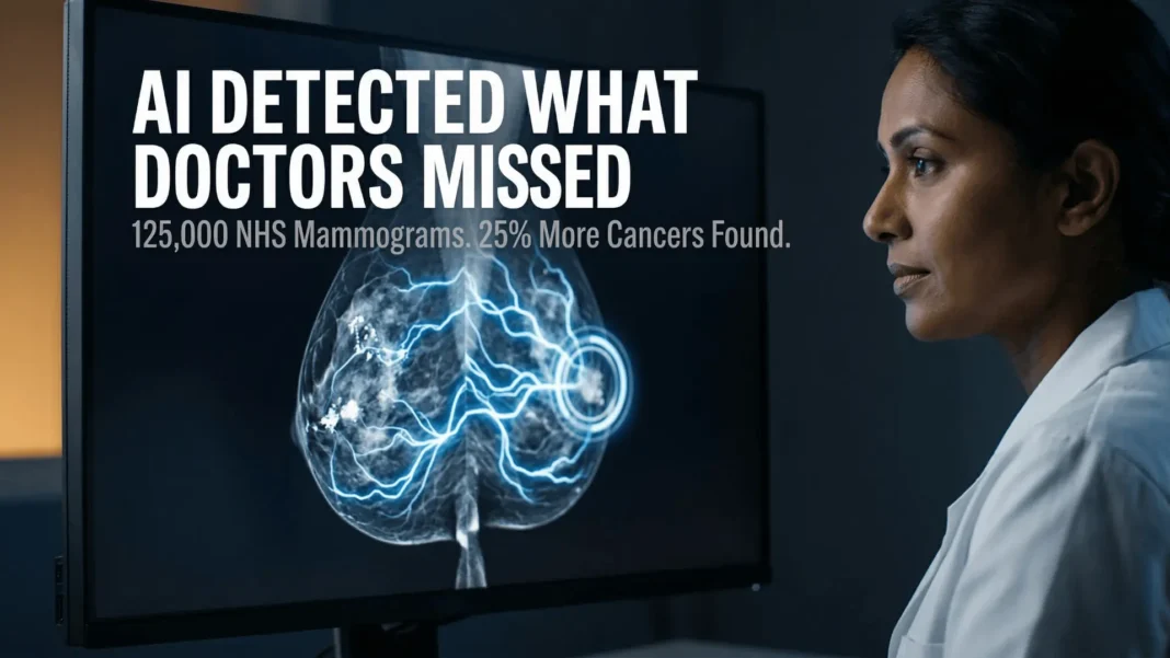 Google AI mammography system detecting interval breast cancer on NHS clinical monitor with radiologist in 2026