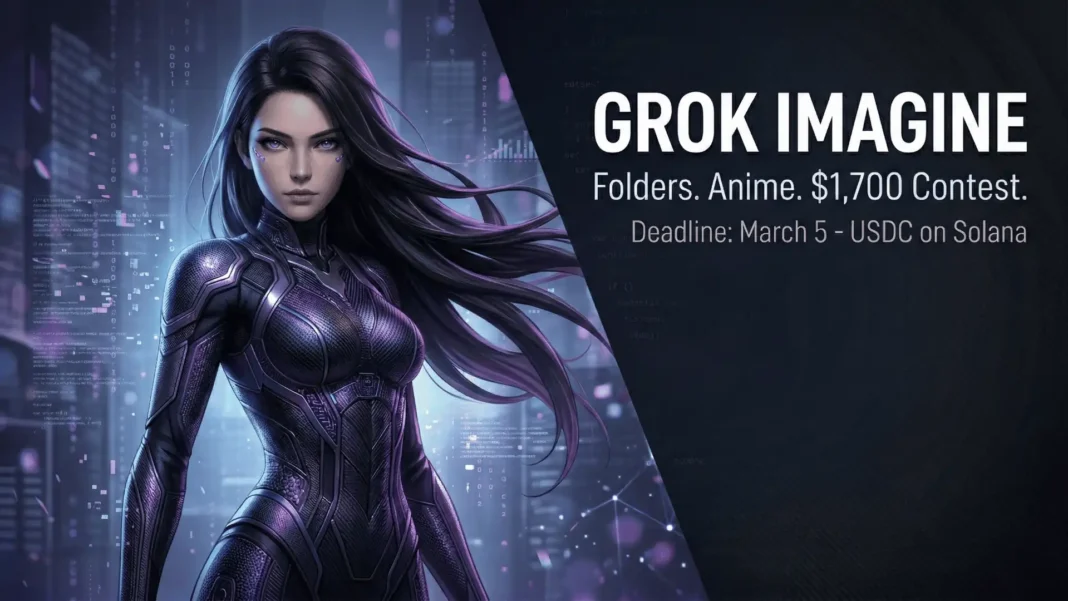 Grok Imagine interface showing new folders feature for organizing AI-generated anime videos and images in 2026