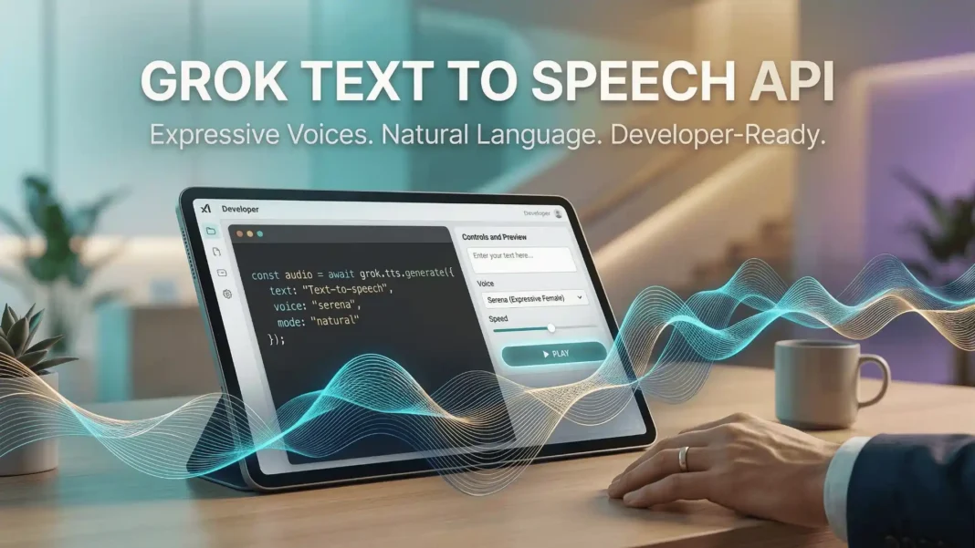 xAI Grok Text to Speech API interface showing voice selection and expressive speech tag controls for app developers in 2026