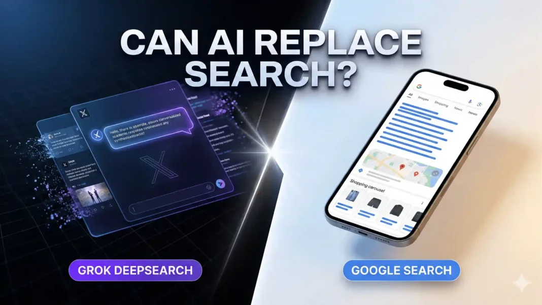 Side-by-side comparison of Grok AI DeepSearch and Google Search interface on a smartphone screen in 2026