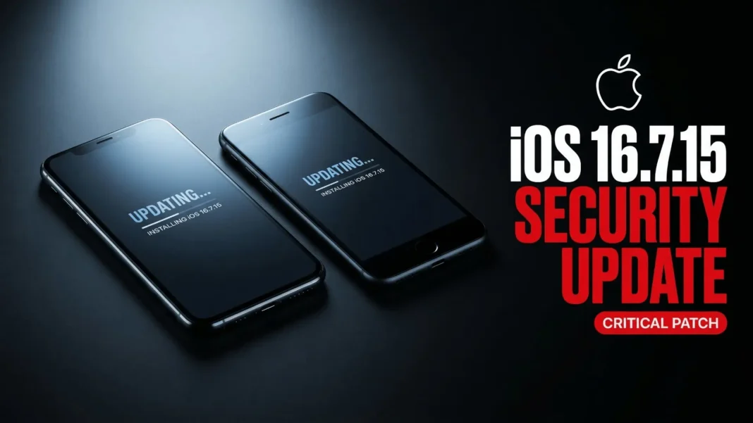 iPhone X and iPhone 8 displaying iOS 16.7.15 software update screen with Apple security patch notification in 2026