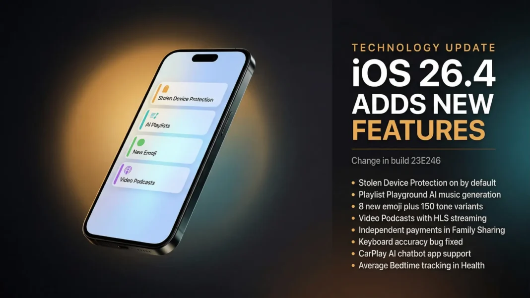 iPhone displaying iOS 26.4 update screen with Apple Music Playlist Playground and new emoji keyboard open in 2026