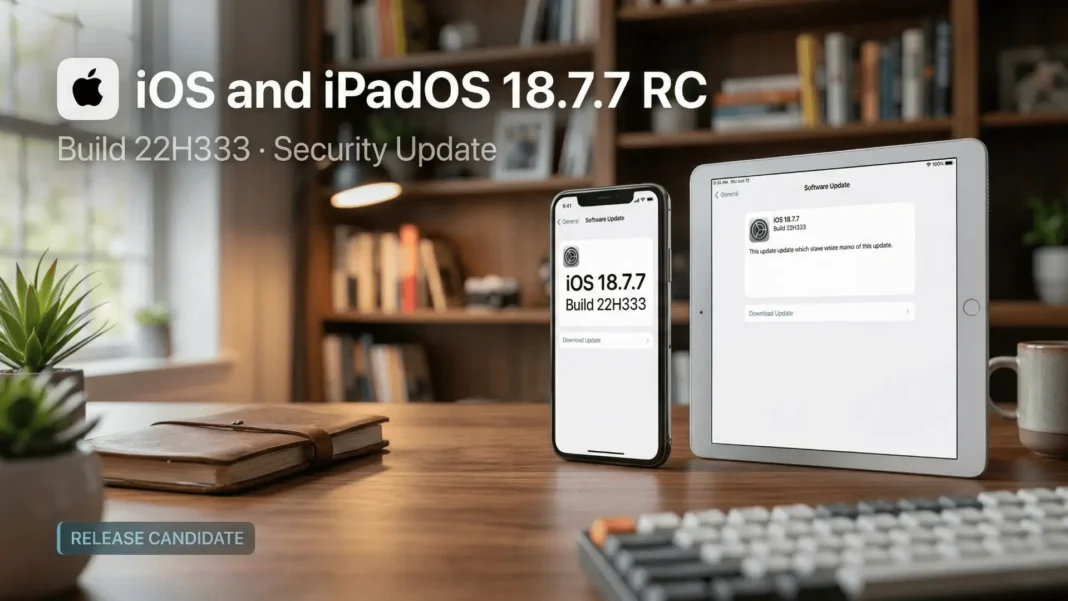 iPhone XS and iPad 7th generation displaying iOS 18.7.7 RC software update screen with build 22H333 in March 2026