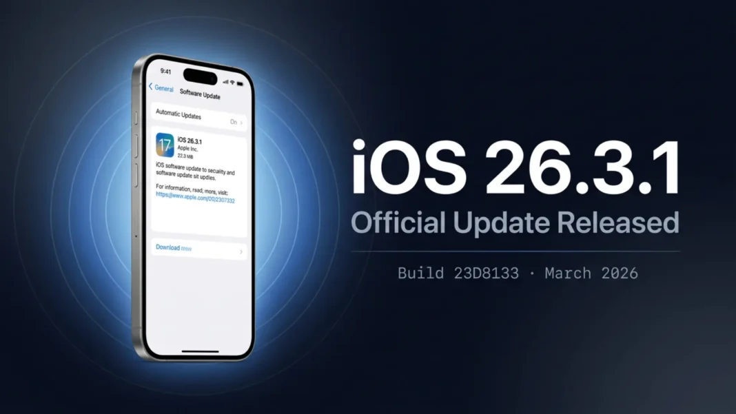 iPhone showing iOS 26.3.1 software update screen with build number 23D8133 on March 4, 2026