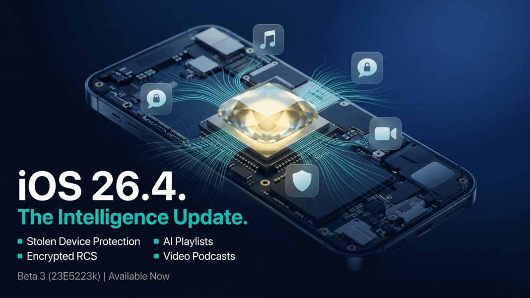 iPhone and iPad side by side showing iOS 26.4 beta 3 software update screen with build number 23E5223k in 2026