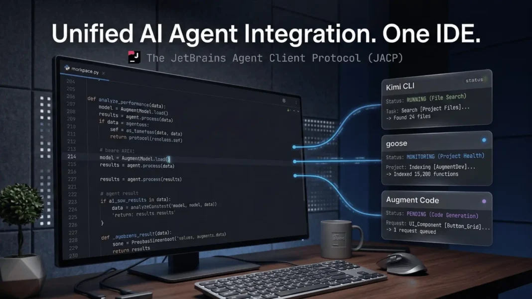JetBrains IntelliJ IDE interface showing Agent Client Protocol AI agent integration panel with multiple coding agents in 2026