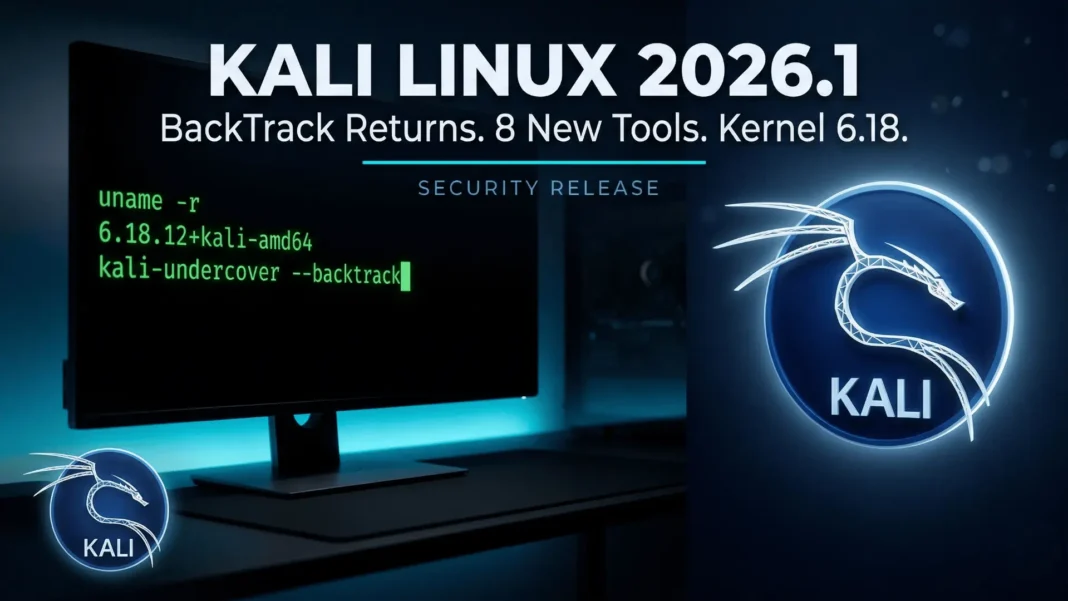 Kali Linux 2026.1 boot screen showing BackTrack mode option and new 2026 theme on GRUB menu