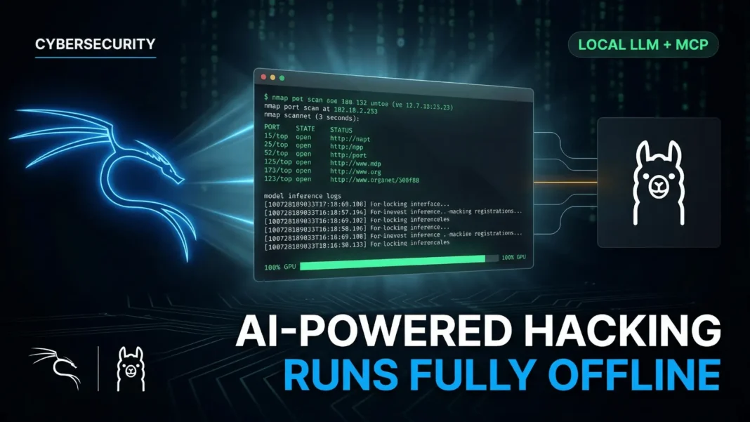 Kali Linux terminal showing Ollama local LLM running qwen3:4b model with GPU acceleration and MCP server active in 2026