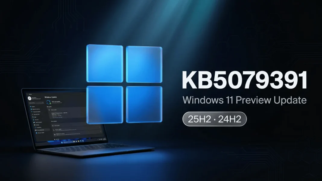 Windows 11 KB5079391 preview update hero image showing update screen and Windows logo on dark background